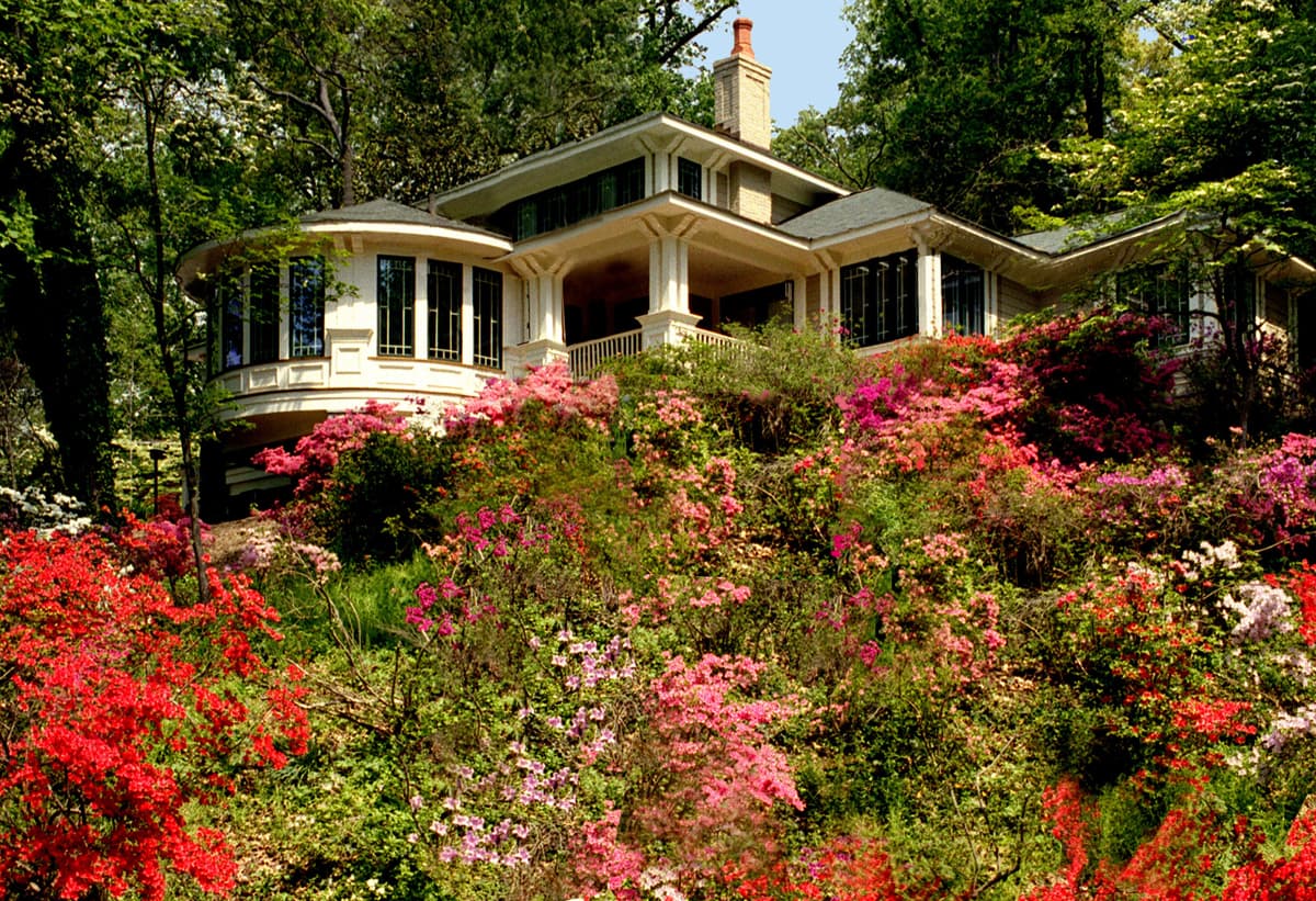 Generous porches and a semi-circular family room, with huge curving windows, float above a hillside of azaleas.