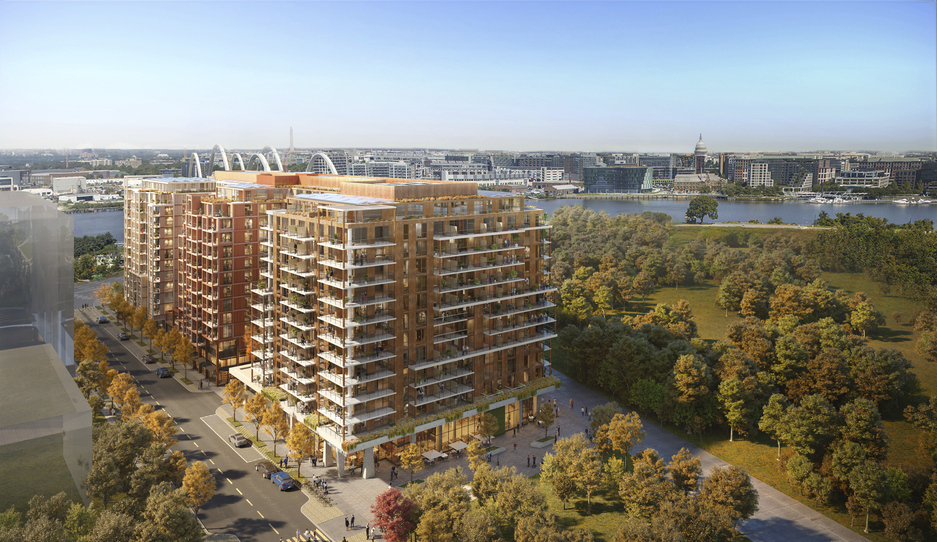 The Bridge District provides Poplar Point with a sustainable multifamily housing and amenity development that bridges the divide between Anacostia and Downtown DC. Image courtesy of ZGF Architects Rendering of Bridge District neighborhood in DC