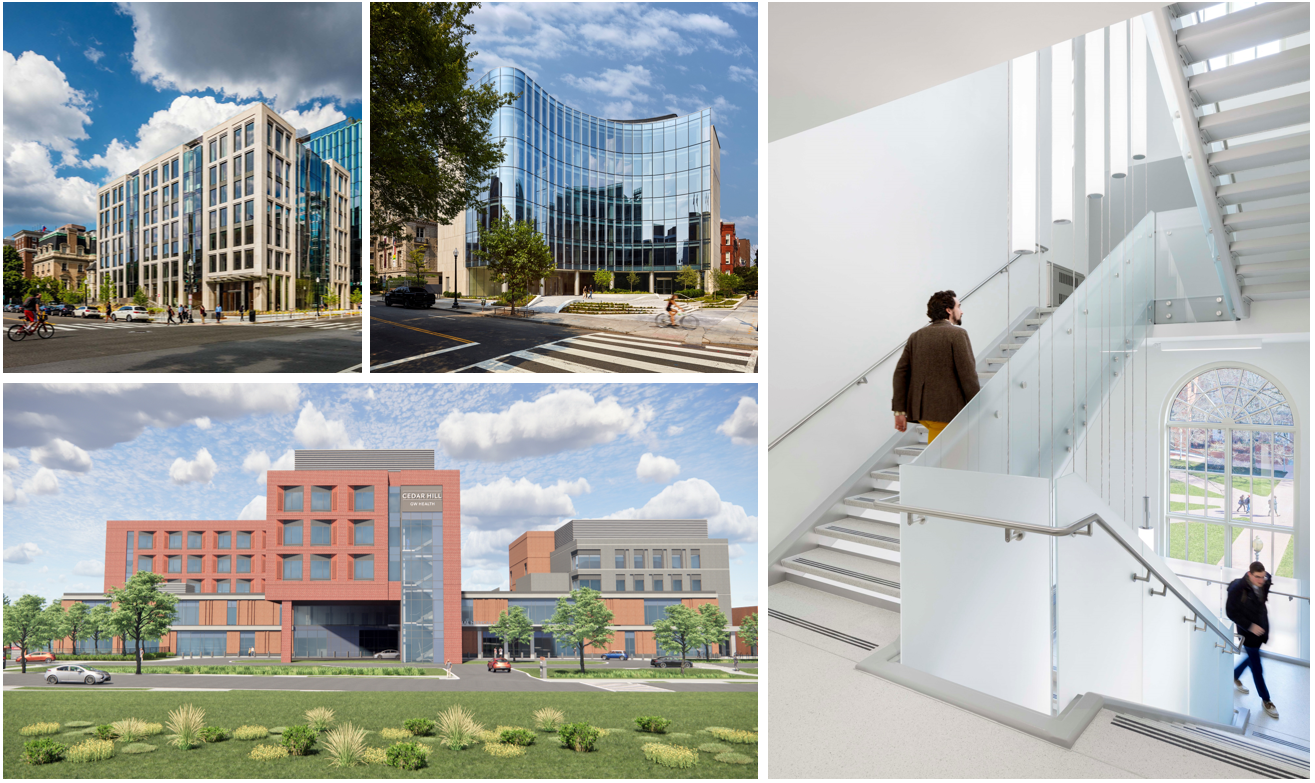 1101 16th St (Alan Schindler), 1711 N St (Alan Karchmer), GW Corcoran Hall (Feinknopf Photography), Cedar Hill Regional Med Center | GW Health (HOK)