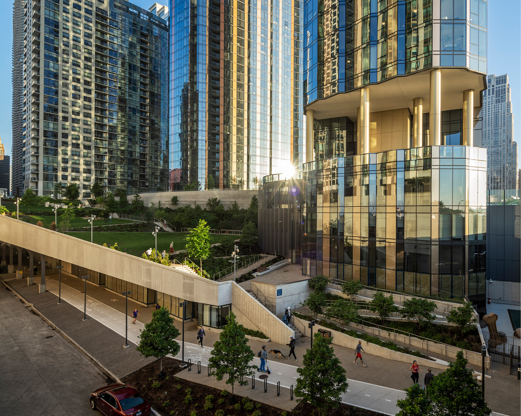 Image of Cascade Park and Cirrus and Cascade towers in Chicago, IL. Buildings designed by bKL Architecture LLC. 
