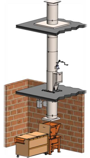 This is a 3D rendering of a trash chute and discharge room. 