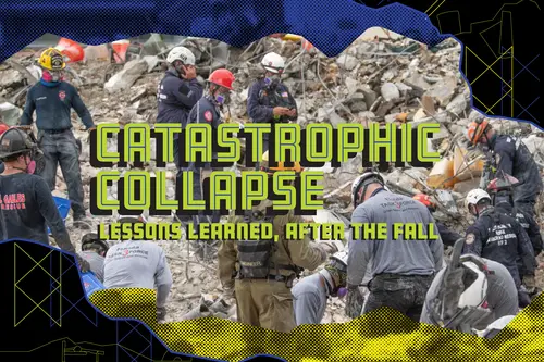 Image of first responders at site of building collapse with graphic overlay and exhibition title