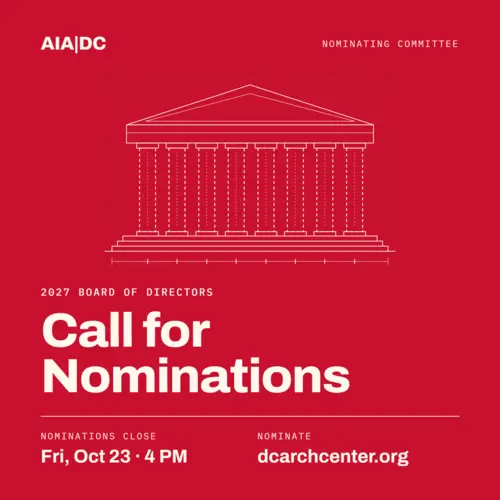a red graphic with the drawing of a columned facade with bold words that say "call for nominations" and give the due date of October 23, 2026 at 4pm. 